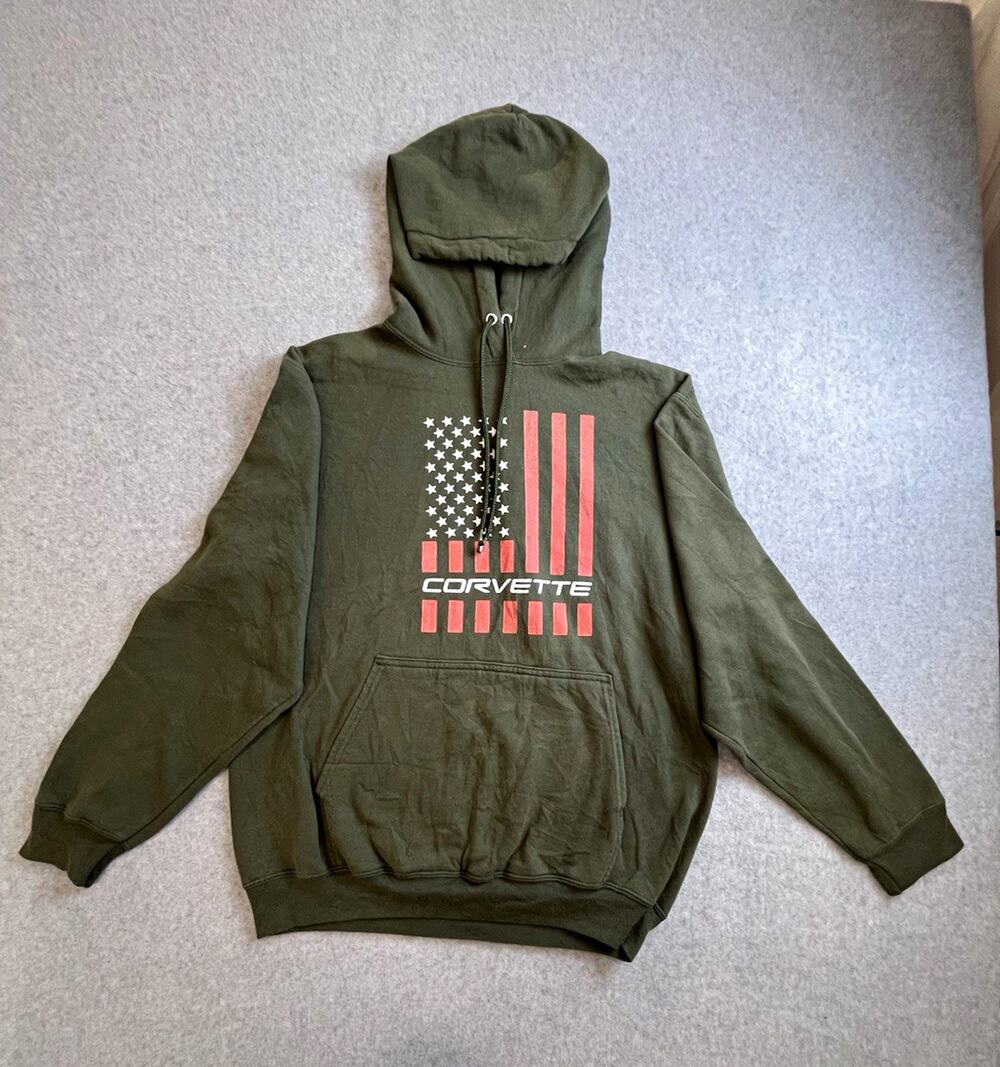 Port & Company Core Fleece Green Corvette USA Flag Graphic Pullover Hoodie M
